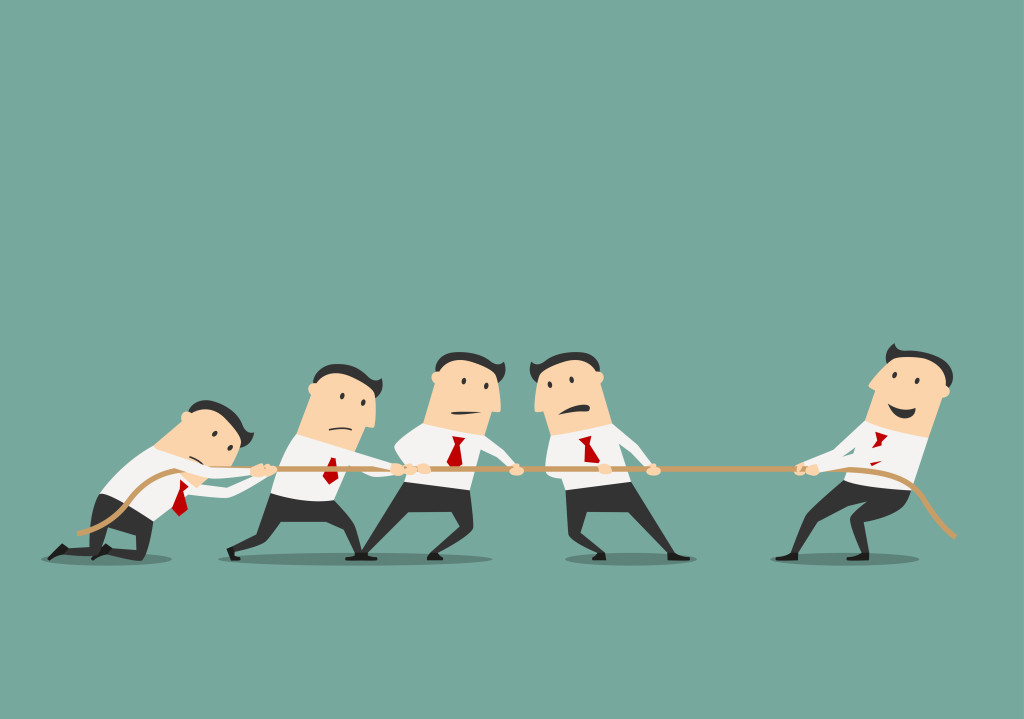Successful and powerful businessman competing with group of businessmen in a tug of war battle, for leadership or business competition concept design. Cartoon flat style